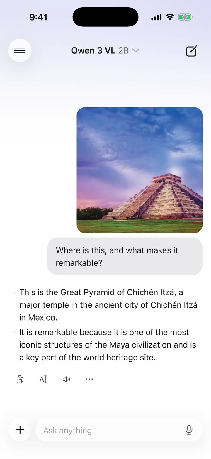 KernelAI running a vision model on an iPhone, answering a question about a photo entirely on device