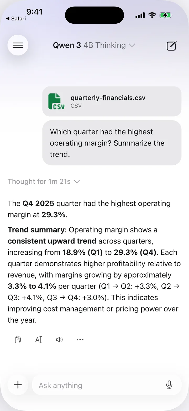 A KernelAI conversation with an attached quarterly-financials CSV and an answer
