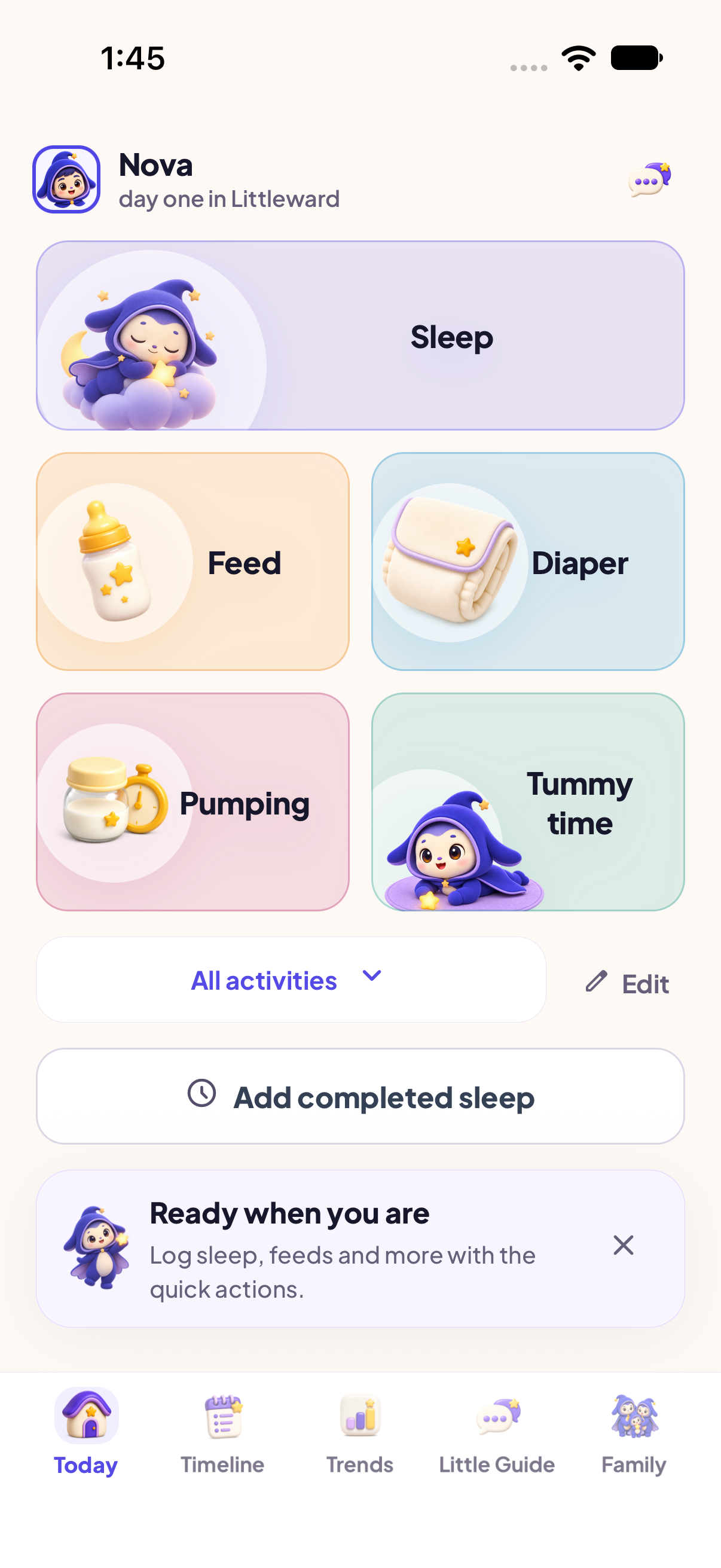 Littleward’s native Today screen with Nova’s sleep, feed, diaper, pumping and tummy-time actions, plus Add completed sleep